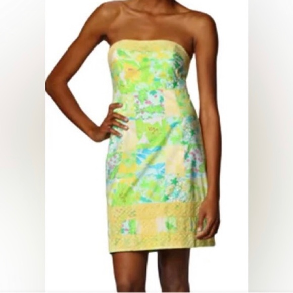 LILLY PULITZER Strapless Bowen Gator Print Patch Yellow Green Dress Size 0 - Picture 11 of 11